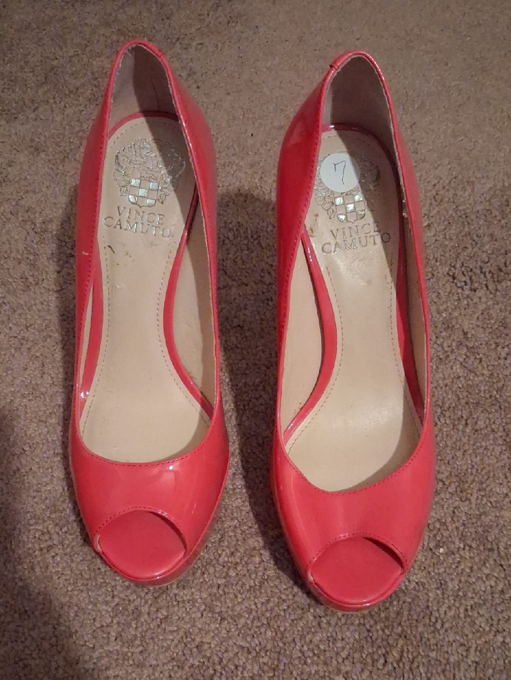Vince Camuto Coral Red Patent Peep-Toe Pumps
